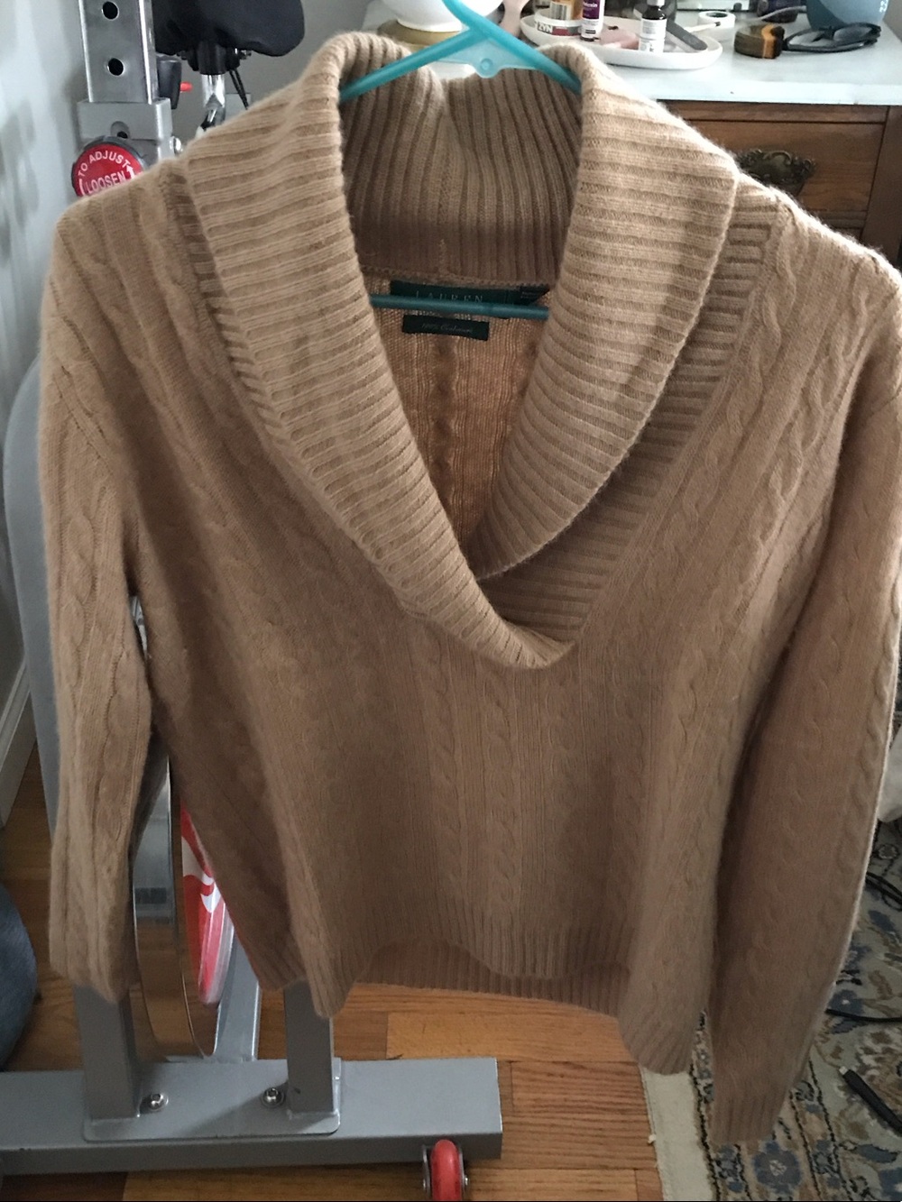 Lauren by Ralph Lauren Classic Cable-Knit Shawl Collar Sweater in Camel
